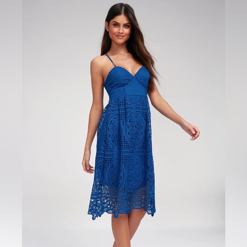 Real Life Dream Cobalt Blue Lace Midi Dress